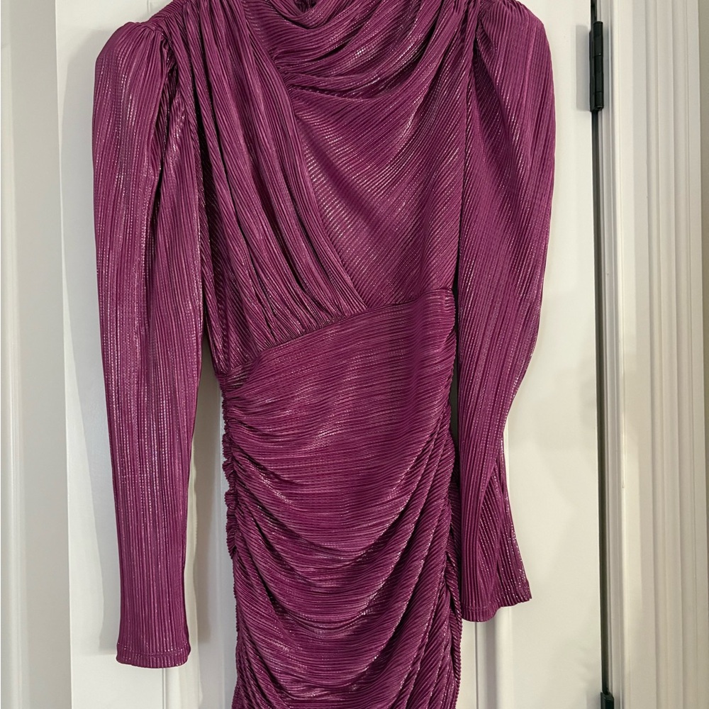 Sabina Musayev Plum Pleated Ruched Long-Sleeve Midi Dress